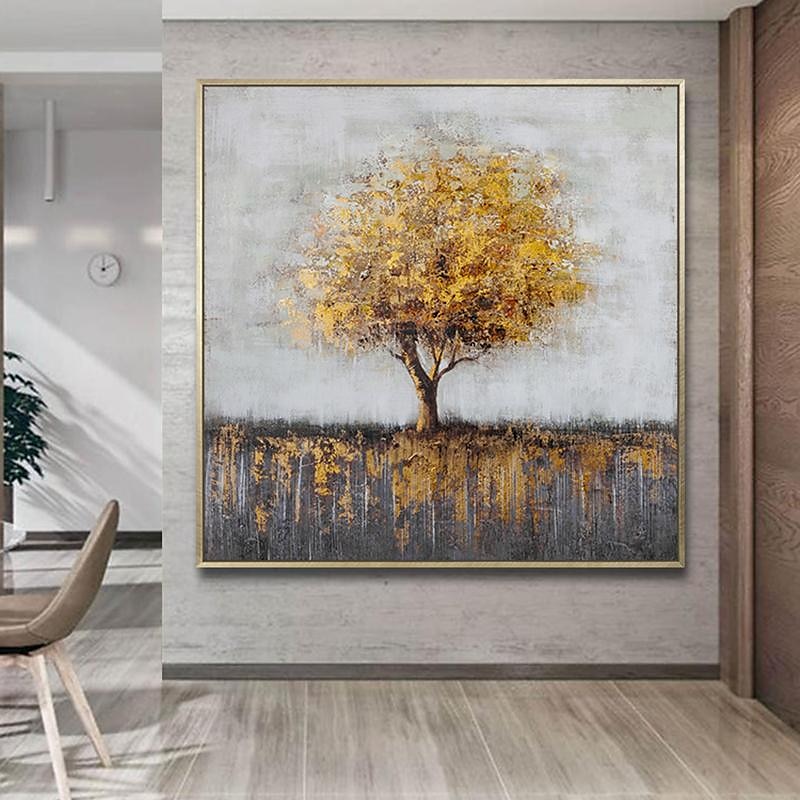 håndlaget oljemaleri lerret veggkunstdekorasjon moderne abstrakt gyldent trelandskap for hjemmeinnredning rullet rammeløst ustrukket maleri 2025 - $61.99 –P3