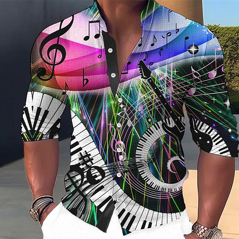 Men's Boardmasters Music Notes Shirt Button Up Shirt Long Sleeve Fashion Streetwear Designer Casual Daily Outdoor Summer Spring Fall Stand Collar Print Blue Yellow Purple Green Gray 2026 - $28.99 –P4