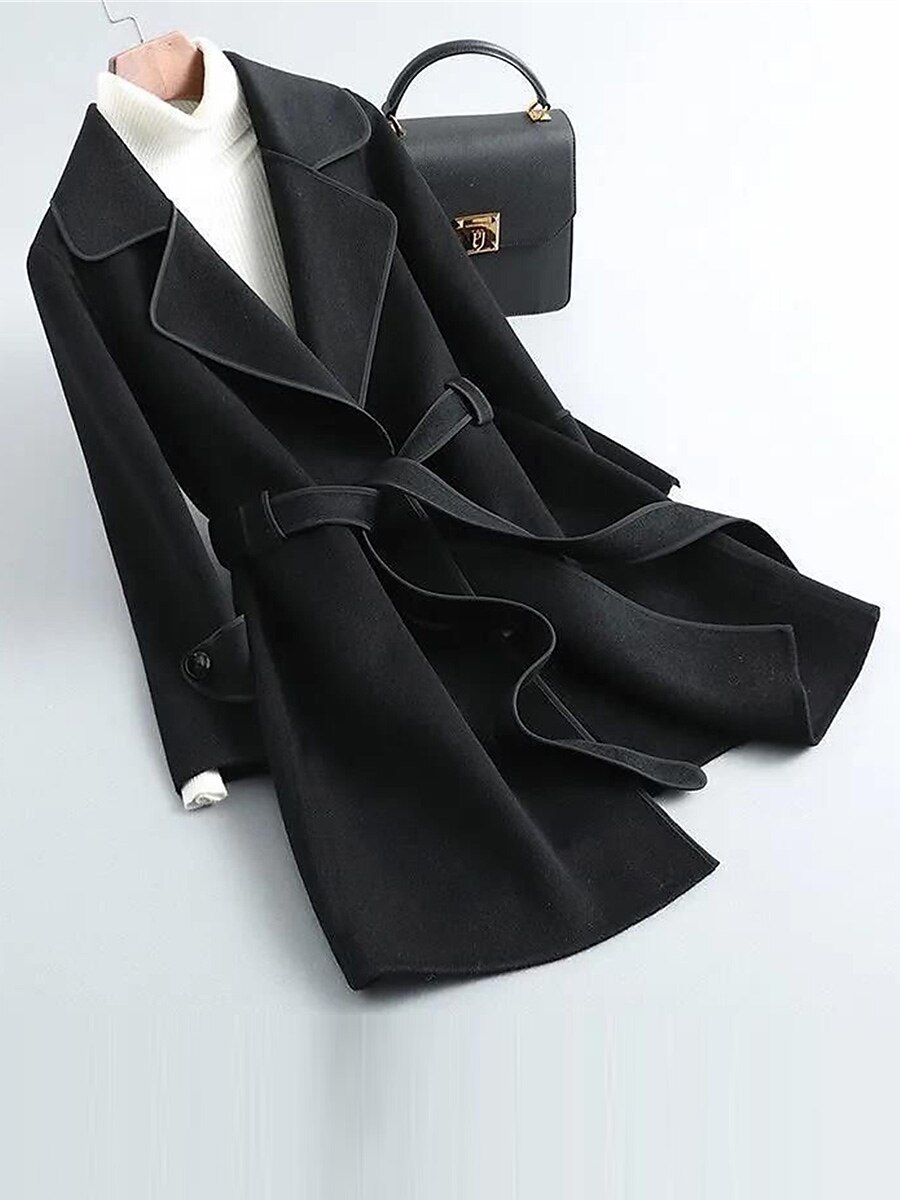 Women's Wool Blend Fall Long Pea Coat Fall Winter Maillard Lapel Collar Overcoat with Belt Thermal Warm Windproof  Stylish Contemporary Modern Style Jacket Long Sleeve Black Red Green Khaki 2023 - US $28.99 –P7