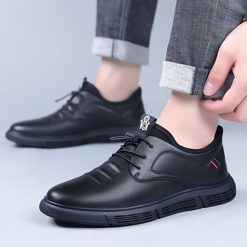 męskie czarne, skórzane, sznurowane, codzienne buty z lekką podeszwą - stylowe i wygodne obuwie na co dzień 2025 - $29.99 –P4