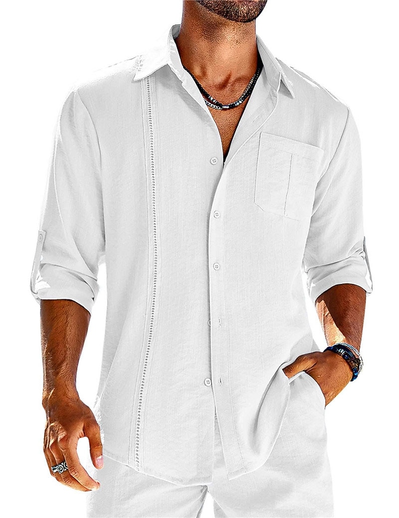 Men's Shirt Guayabera Shirt Linen Shirt Button Up Shirt Summer Shirt Beach Shirt Black White Navy Blue Long Sleeve Plain Turndown Spring & Summer Casual Daily Clothing Apparel Patchwork 2026 - $25.99 –P1