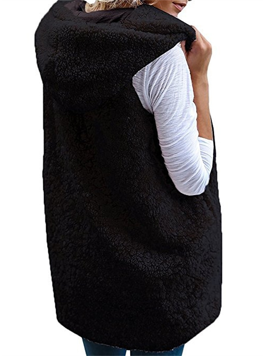 Women's Teddy Vest Warm Cream Teddy Coat with Hood Long  Sherpa Jacket with Pocket Cardigan Hoodie Fashion Daily Casual Plain Outerwear Sleeveless Fall Winter Black White Wine S M L XL XXL 3XL 2023 - US $22.99 –P19