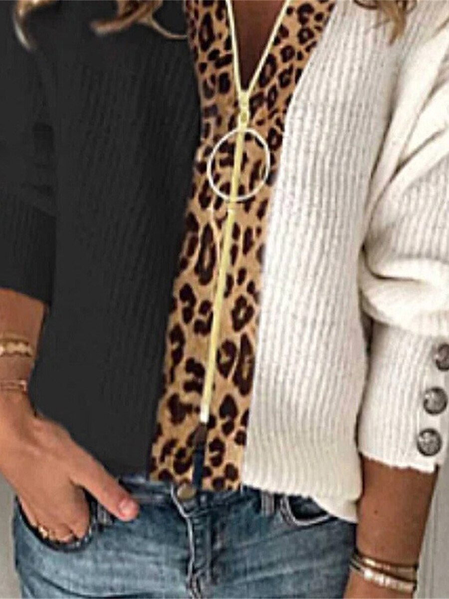 Women's Cardigan Sweater Half Zip V Neck Ribbed Knit Polyester Patchwork Zipper Fall Winter Outdoor Daily Going out Stylish Casual Soft Long Sleeve Leopard Color Block Black S M L 2023 - US $47.99 –P3
