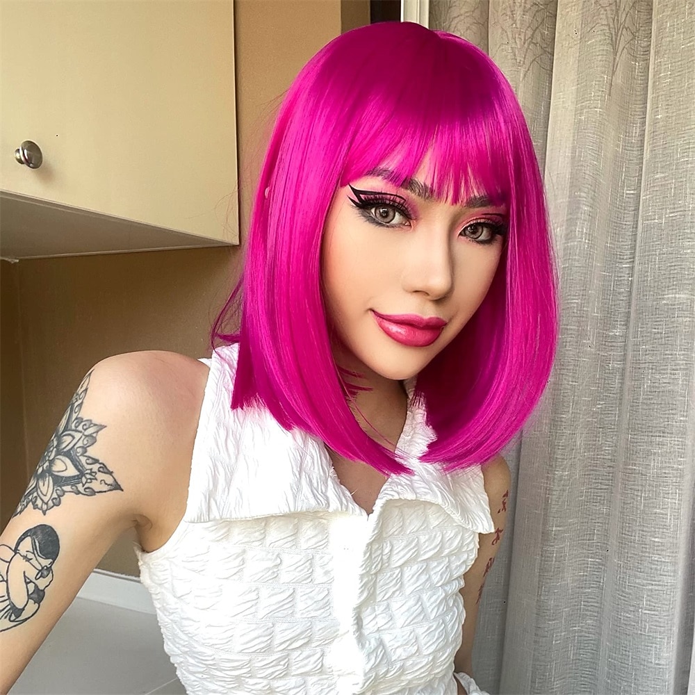 Peruca Roxa com Franja Peruca Bob Curta e Lisa para Mulheres 12 Polegadas Peruca Sintética Colorida de Festa Perucas de Halloween de 2026 por $18.49 –P4