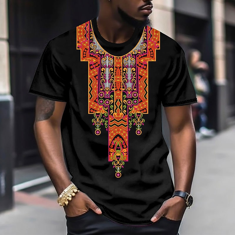 Herren Graphic Farbblock Stammes T Shirt Kurzarm T-Shirt 3D-Druck Rundhalsausschnitt Hemd Modisch Designer Ethnisch Outdoor Täglich Sport Schwarz und Rot Schwarz Weiß Frühling Sommer Bekleidung S M L 2025 - $5.99 -P7