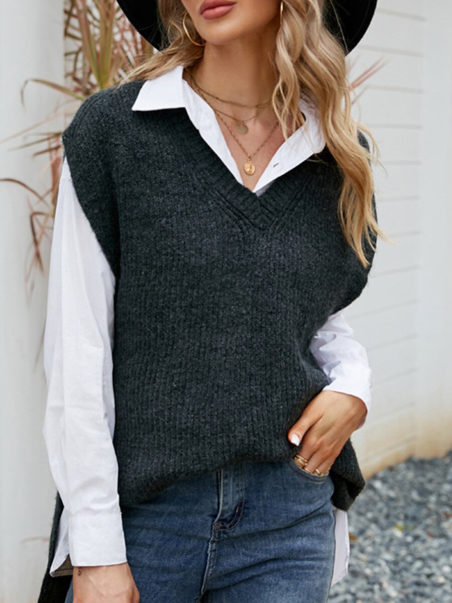 Women's Sweater Vest V Neck Ribbed Knit Polyester Split Summer Fall Daily Going out Weekend Stylish Casual Soft Sleeveless Solid Color Black Gray S M L 2023 - US $27.99 –P2