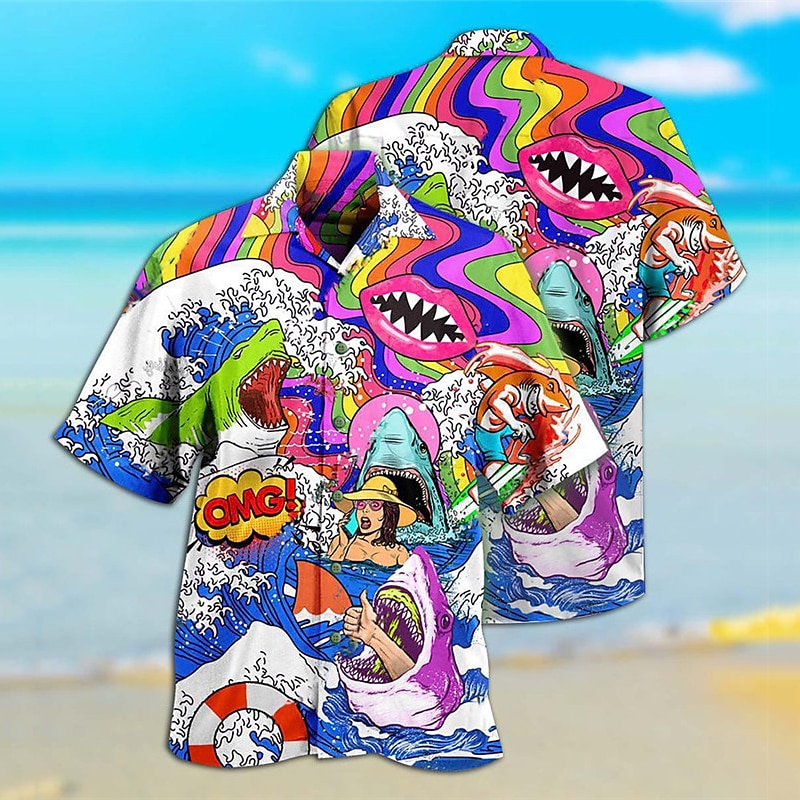 Bărbați Inorog Rechin Tropical Cămașă Cămașă hawaiană Cămașă Aloha Manșon scurt Cămașă Guler cubanez Sport Modă Șic Stradă În aer liber Casual Concediu Alb Mov S M L 2025 - $24.99 –P5