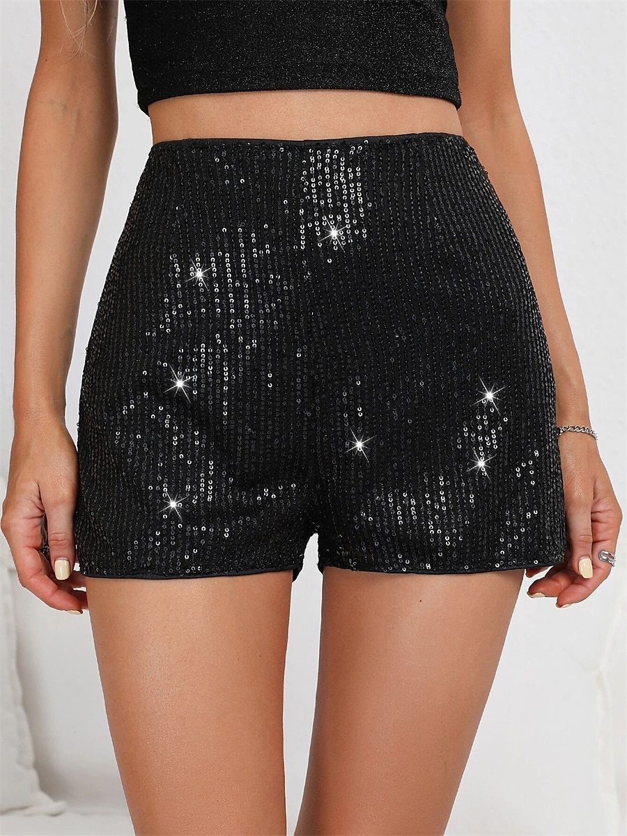 Women's Shorts Fashion Streetwear Short High Waist Plain Sequins Elastic Waist Breathability Soft Comfortable Micro-elastic Vacation Party Street Black Summer Spring 2025 - $20.99 –P2