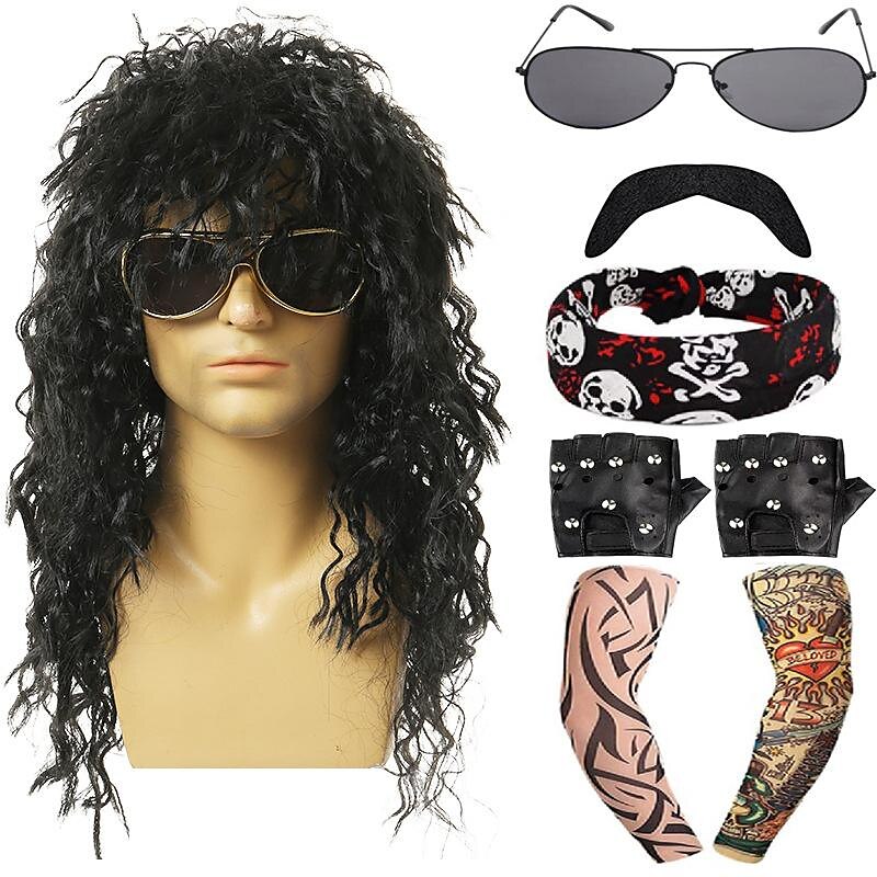 80s Rock Wig Set Glam Rock Wig with Headband Sunglasses Gloves