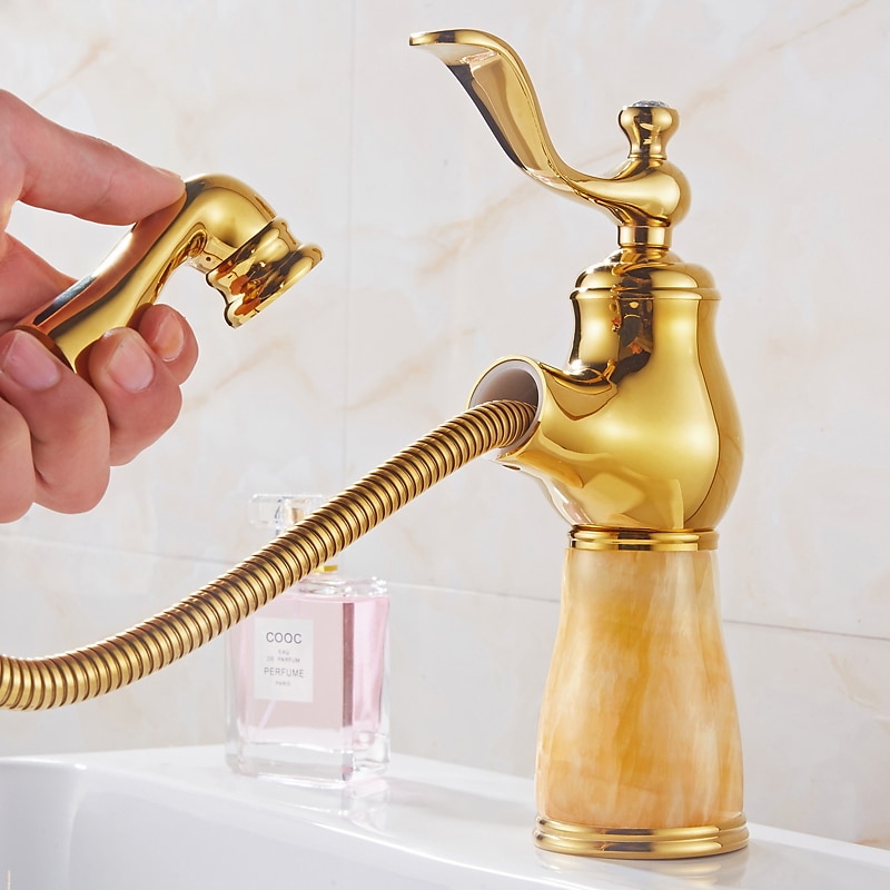 Traditional Bathroom Faucet Pull Out Basin Sink Mixer Taps Short/Tall, Vintage Brass Vessel Taps Ceramic Single Handle, with Cold and Hot Hose 2025 - $89.99 –P1