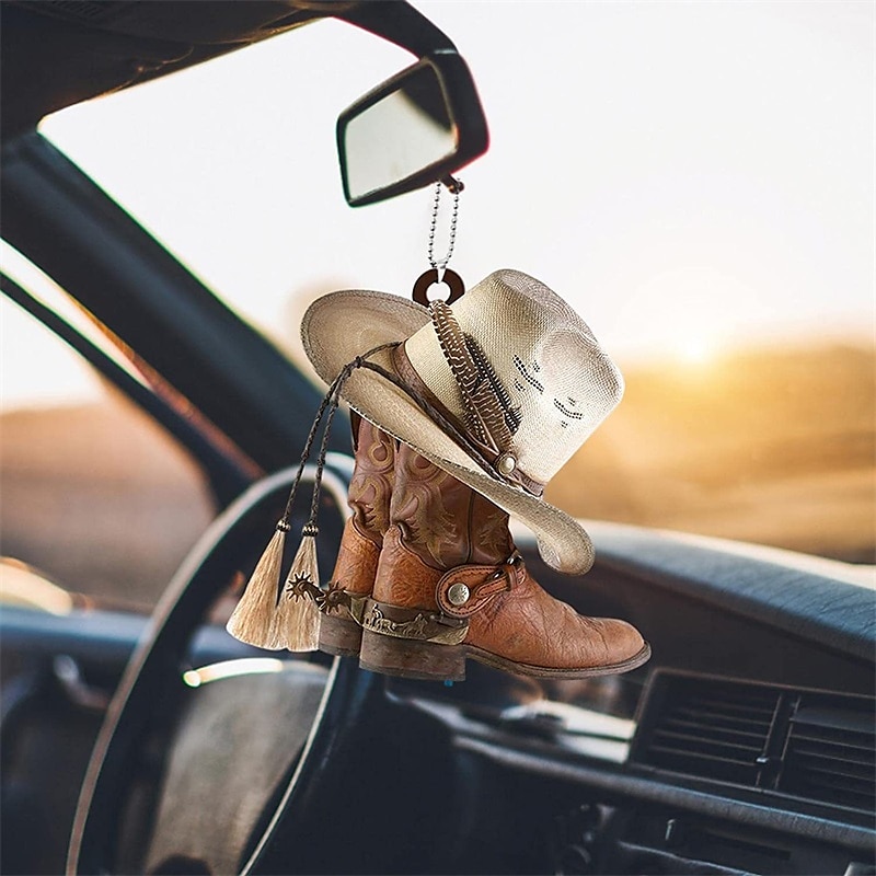 ornamento per specchietto retrovisore per auto decorazione per interni auto stivali e cappelli da cowboy ciondolo in acrilico piatto arredamento per giardinaggio casa ufficio del 2025 a $11.99 –P3