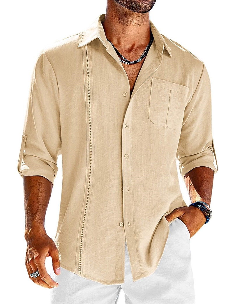 Men's Shirt Guayabera Shirt Linen Shirt Button Up Shirt Summer Shirt Beach Shirt Black White Navy Blue Long Sleeve Plain Turndown Spring & Summer Casual Daily Clothing Apparel Patchwork 2026 - $25.99 –P14