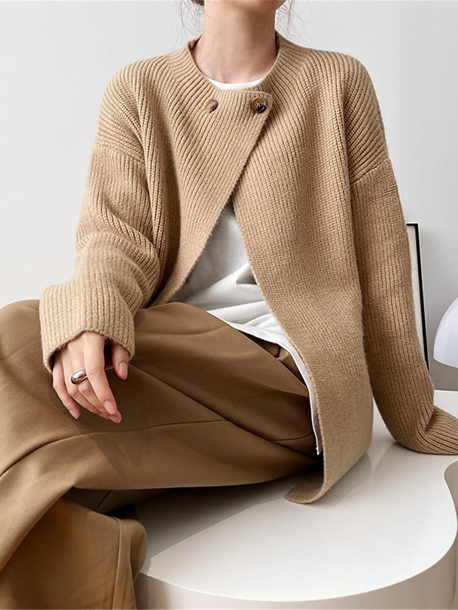 Women's Cardigan Sweater Crew Neck Ribbed Knit Polyester Button Summer Fall Daily Going out Weekend Stylish Casual Soft Long Sleeve Solid Color Khaki Beige Coffee One-Size 2023 - US $26.99 –P6