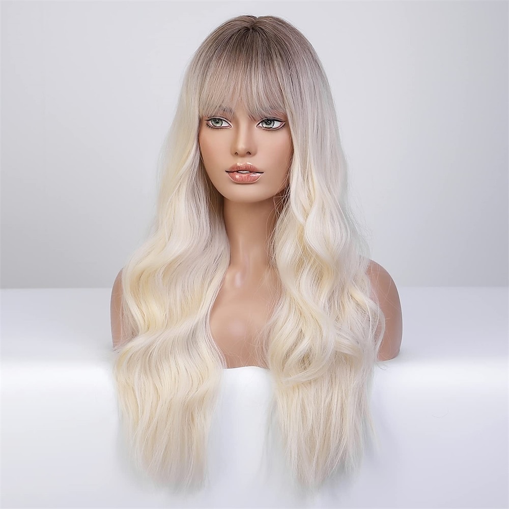 parrucca bionda ombre lunga dritta con frangia radice scura capelli lunghi con frangia aspetto naturale parrucca sintetica resistente al calore festa di gioco quotidiana adatta a donne alla moda 20 del 2025 a $31.99 –P6
