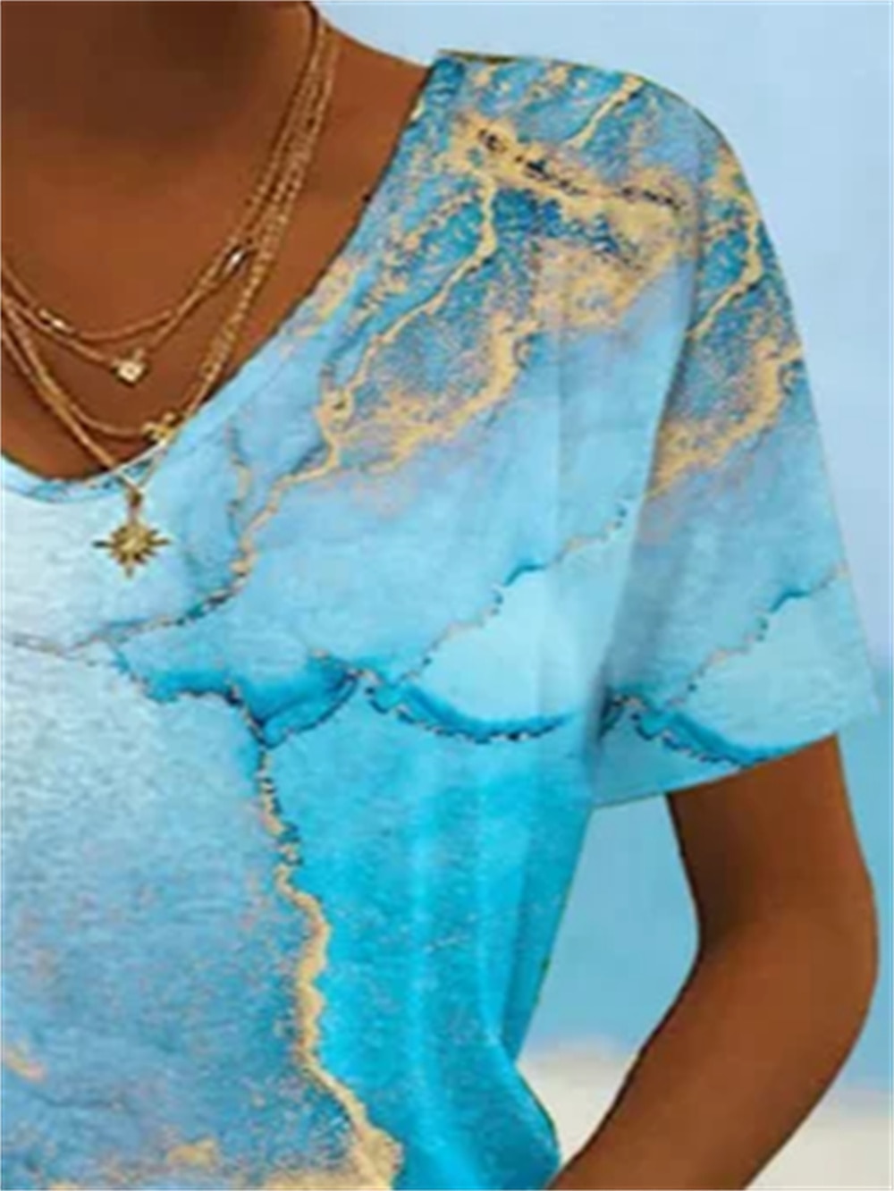 t-shirt basique fluo pour femme&hauts à manches courtes à imprimé abstrait lumineux, col en V, quotidien, week-end, jaune, bleu, or, bleu clair de 2025 ? $21.99 –P2