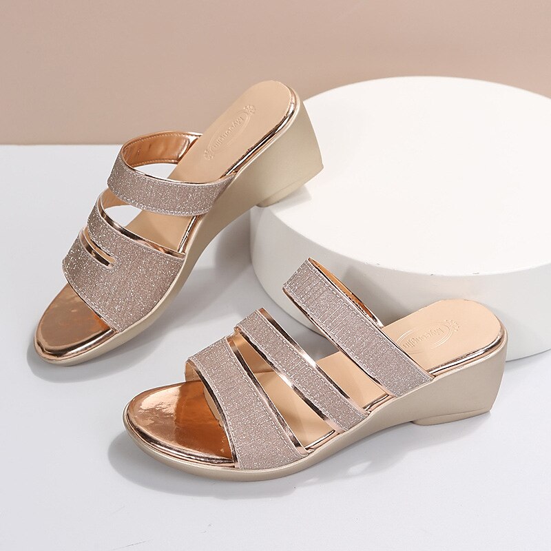 Women's Sandals Slippers Mules Wedge Sandals Outdoor Slippers Wedding Party Outdoor Solid Color Summer Sequin Wedge Heel Elegant Fashion Luxurious PU Loafer Silver Gold 2023 - AED 94.99 –P5