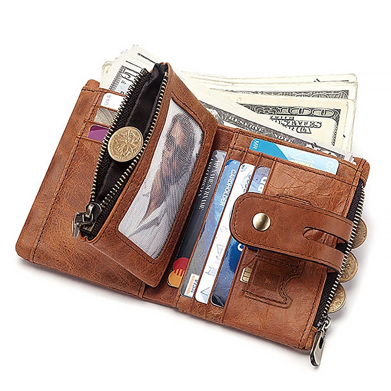 Men's Vintage Leather Wallet – Bifold Zipper Wallet with Chain, Multi-Card Slots & Snap Closure for Casual & Business Use 2025 - $25.59 –P4