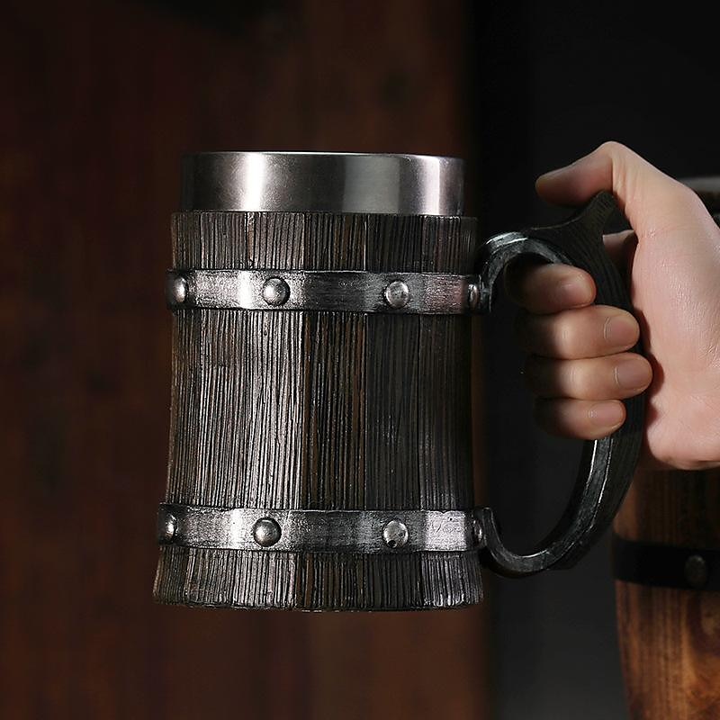 Beer Mugs, Nordic Viking Rune Beer Glasses Large Oak Beer Mug Coffee Mug with Stainless Steel Wood Resin 3D, Mugs for Men, Father's Day Gift 2025 - $37.99 –P4