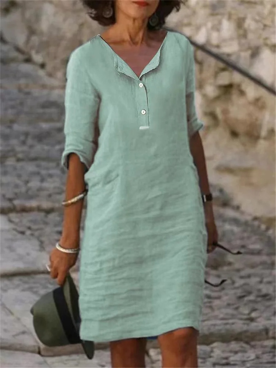 Women's Casual Dress Cotton Linen Dress Shift Dress Midi Dress Cotton Blend Classic Modern Outdoor Daily Vacation Shirt Collar Button Half Sleeve Summer Spring Fall 2023 Loose Fit Light Green Green 2023 - US $26.99 –P1