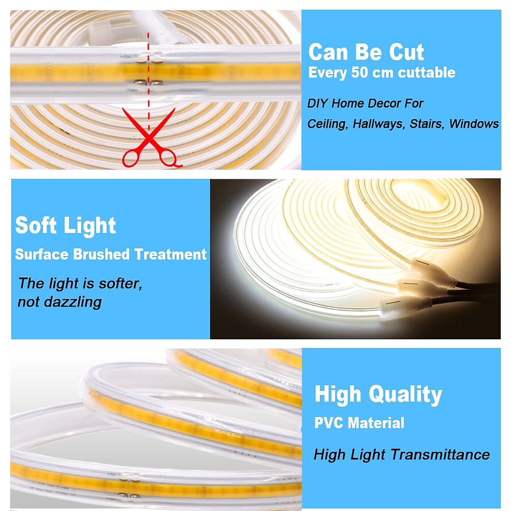 COB LED Strip Light with Power Plug, 288 LEDs/m Super Bright Flexible LED Ribbon, Waterproof CRI 90 Linear Lighting for Indoor and Outdoor Home Decor 2025 - $17.99 –P2