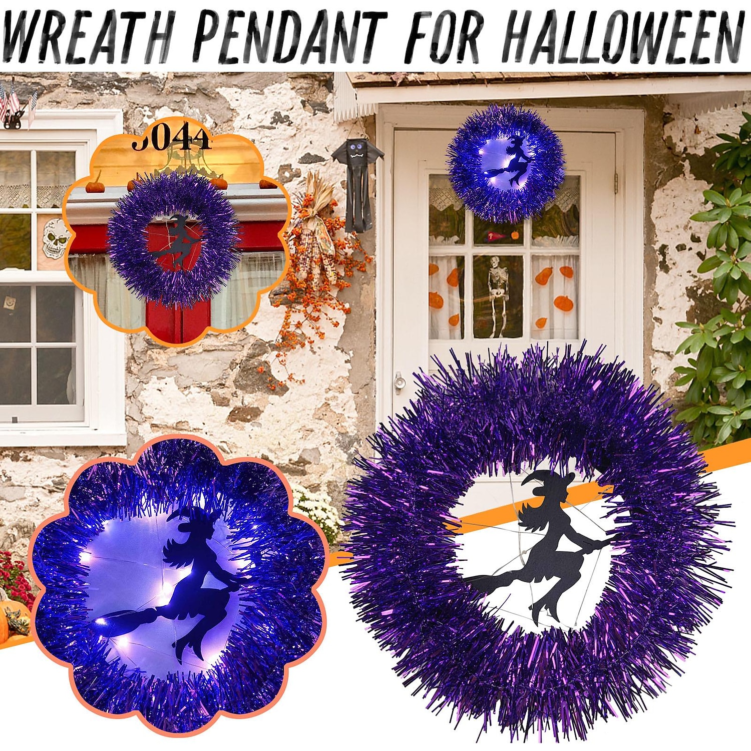 30cm věnec s veselými halloweenskými dekoracemi s ledem, rozsvíceným černým netopýřím kočičím věnec věncem pro halloween dekorace potřeby pro domácí párty 2025 - $12.99 –P5