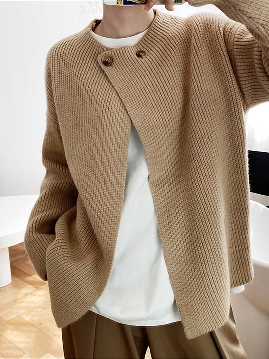 Women's Cardigan Sweater Crew Neck Ribbed Knit Polyester Button Summer Fall Daily Going out Weekend Stylish Casual Soft Long Sleeve Solid Color Khaki Beige Coffee One-Size 2023 - US $26.99 –P8