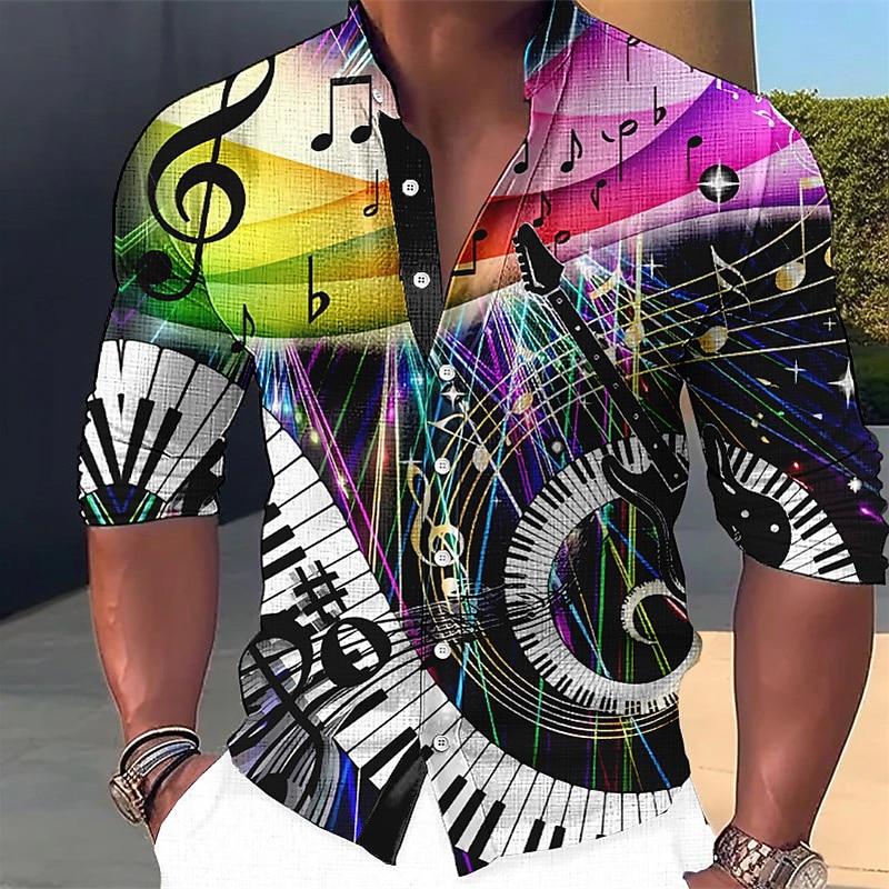 Men's Boardmasters Music Notes Shirt Button Up Shirt Long Sleeve Fashion Streetwear Designer Casual Daily Outdoor Summer Spring Fall Stand Collar Print Blue Yellow Purple Green Gray 2026 - $28.99 –P1