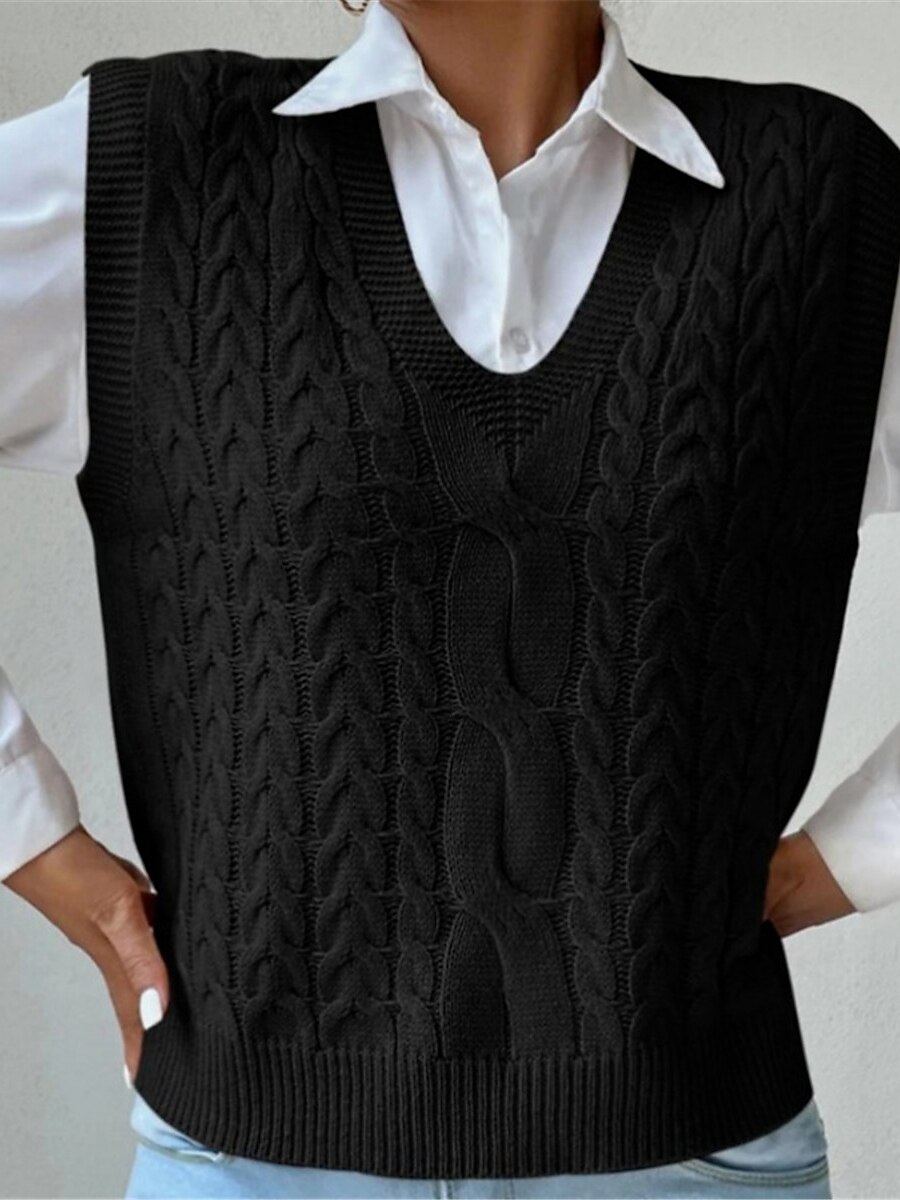 Women's Sweater Vest V Neck Cable Knit Acrylic Oversized Summer Fall Daily Going out Weekend Stylish Casual Soft Sleeveless Solid Color Black Khaki S M L 2023 - US $29.99 –P8
