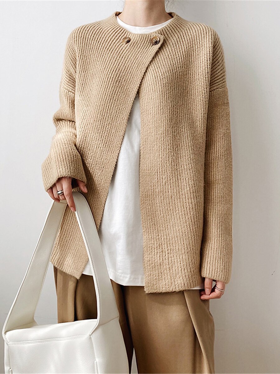 Women's Cardigan Sweater Crew Neck Ribbed Knit Polyester Button Summer Fall Daily Going out Weekend Stylish Casual Soft Long Sleeve Solid Color Khaki Beige Coffee One-Size 2023 - US $26.99 –P5