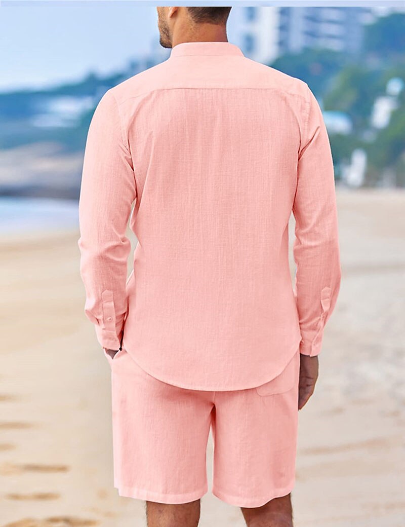 Herren Hemd mit chinesischem Kragen Hemd mit Stehkragen Zweiteilig Hemd Set Sommerhemd Freizeithemd Rosa Blau Grün Beige Grau Langarm Einfach Großvaterkragen Stehkragen Urlaub Täglich Fronttasche 2025 - $40.99 –P5