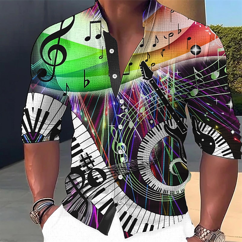 Men's Boardmasters Music Notes Shirt Button Up Shirt Long Sleeve Fashion Streetwear Designer Casual Daily Outdoor Summer Spring Fall Stand Collar Print Blue Yellow Purple Green Gray 2026 - $28.99 –P3