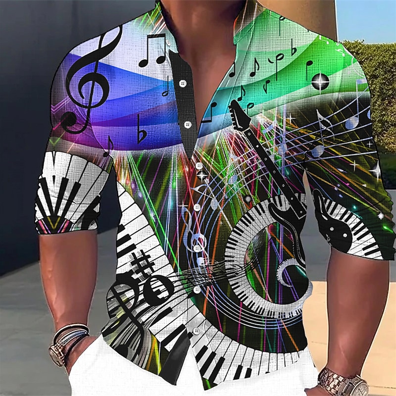 Men's Boardmasters Music Notes Shirt Button Up Shirt Long Sleeve Fashion Streetwear Designer Casual Daily Outdoor Summer Spring Fall Stand Collar Print Blue Yellow Purple Green Gray 2026 - $28.99 –P2
