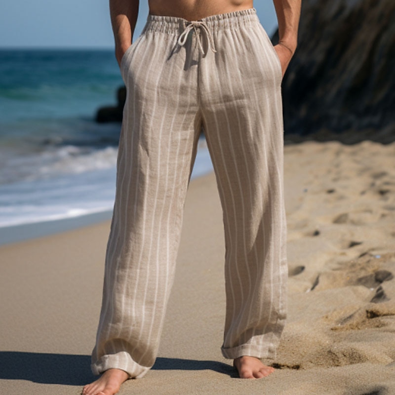 Men Cottom Linen Breathable Elastic Waist Drawstring Pants Casual
