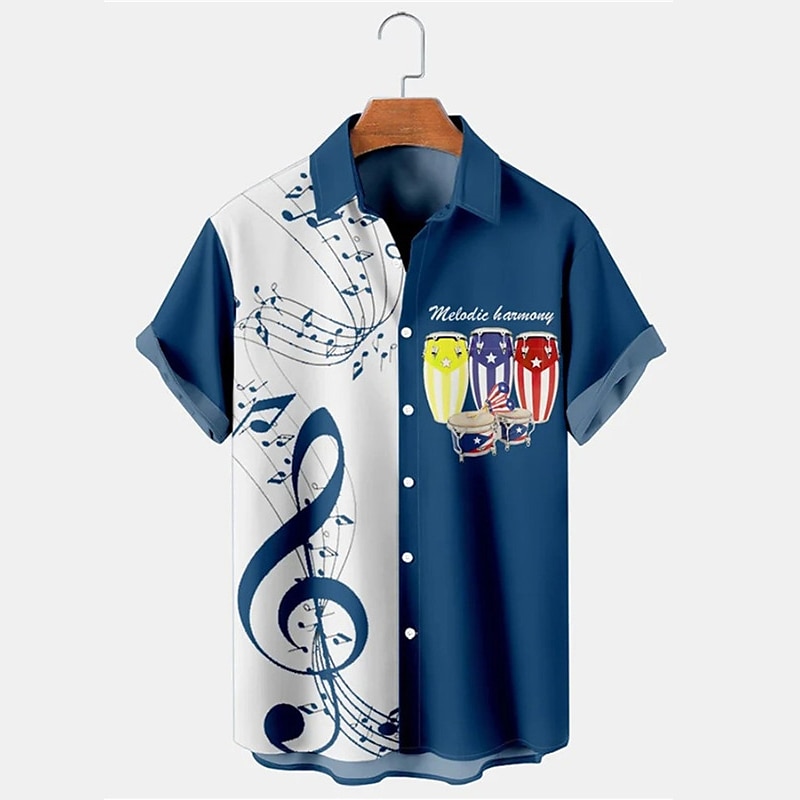 Men's Vintage Music Notes Shirt Button Up Shirt Short Sleeve Fashion Streetwear Designer Outdoor Daily Summer Spring Turndown Print Black White Yellow Wine Blue 2025 - $24.99 –P4