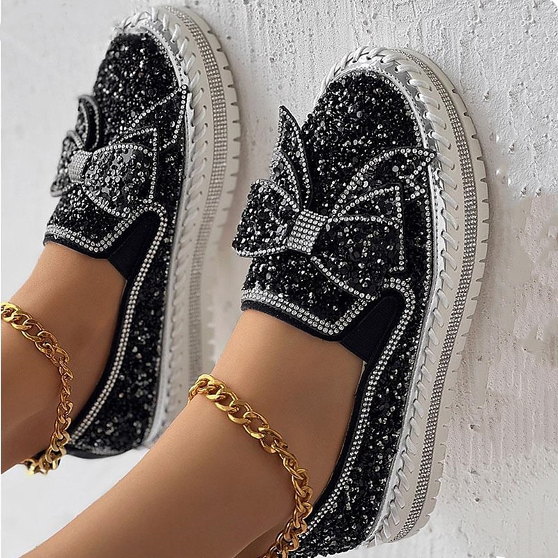 Zapatillas sin cordones con brillantes diamantes de imitación para mujer: mocasines con plataforma y lazo con purpurina para fiestas, ropa informal y de calle 2026 - $46.99 –P6