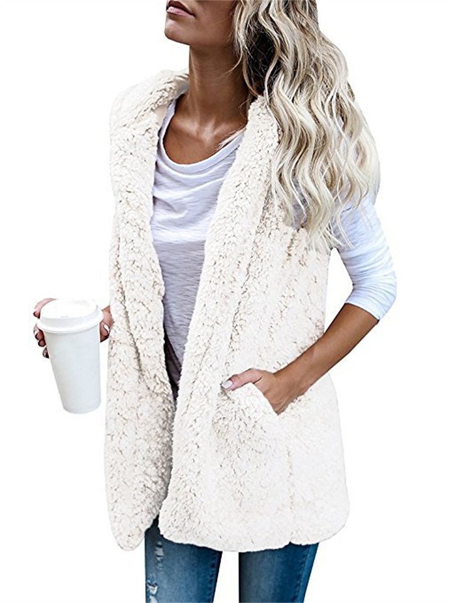 Women's Teddy Vest Warm Cream Teddy Coat with Hood Long  Sherpa Jacket with Pocket Cardigan Hoodie Fashion Daily Casual Plain Outerwear Sleeveless Fall Winter Black White Wine S M L XL XXL 3XL 2023 - US $22.99 –P10