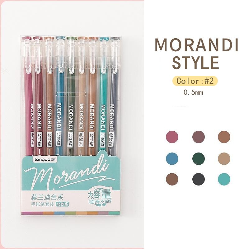 0.5mm 9pcs/set Morandi Color Gel Pen School Office Students Stationery Supply Blue Plastic