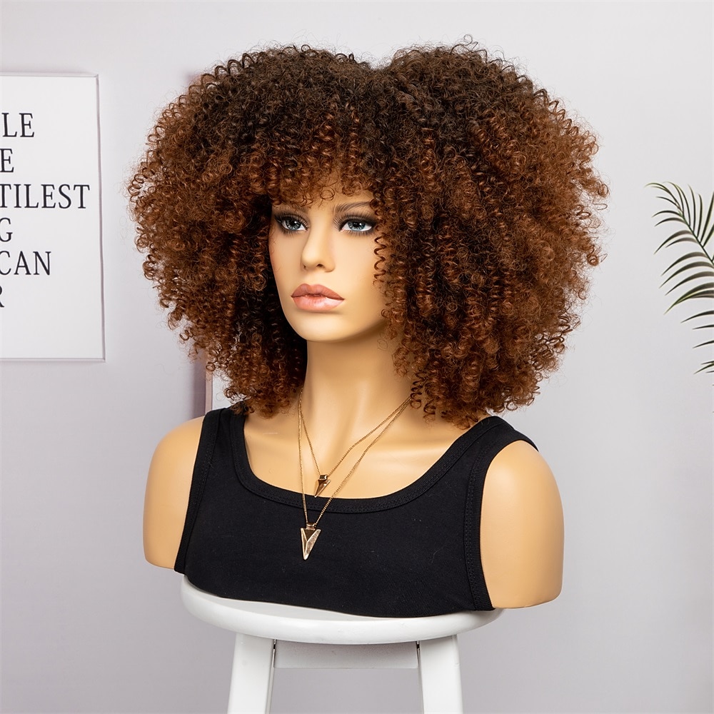 perucas afro curtas e cacheadas com franja para mulheres negras perucas afro marrom crespo e cacheado para mulheres negras perucas sintéticas resistentes ao calor perucas marrons fofas perucas de de 2025 por $27.99 –P2