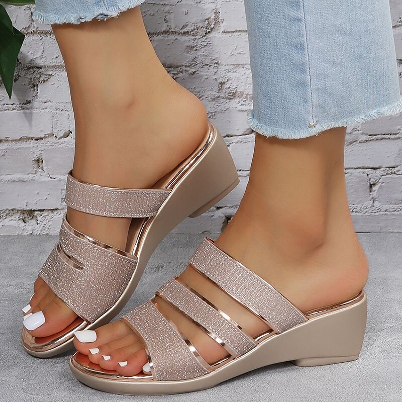 Women's Sandals Slippers Mules Wedge Sandals Outdoor Slippers Wedding Party Outdoor Solid Color Summer Sequin Wedge Heel Elegant Fashion Luxurious PU Loafer Silver Gold 2023 - AED 94.99 –P4