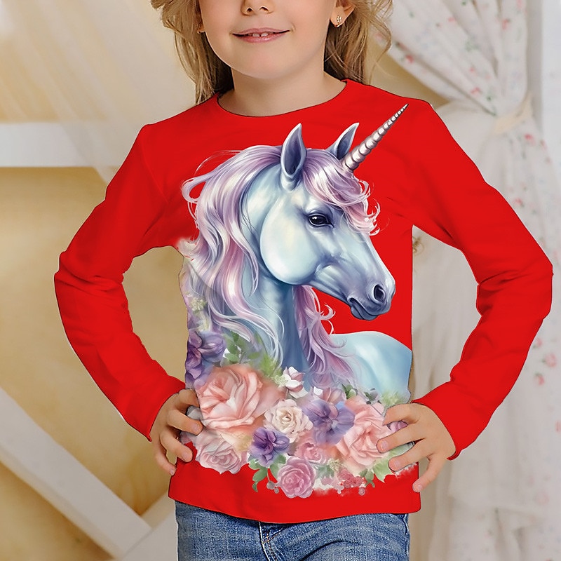 Flickor 3D Grafisk Tecknat Enhörnings T-shirt Långärmad 3D-tryck Sommar Vår Höst Aktiv Mode söt stil Barn 3-12 år Utomhus Ledigt Dagligen Normal 2025 - $13.99 –P1