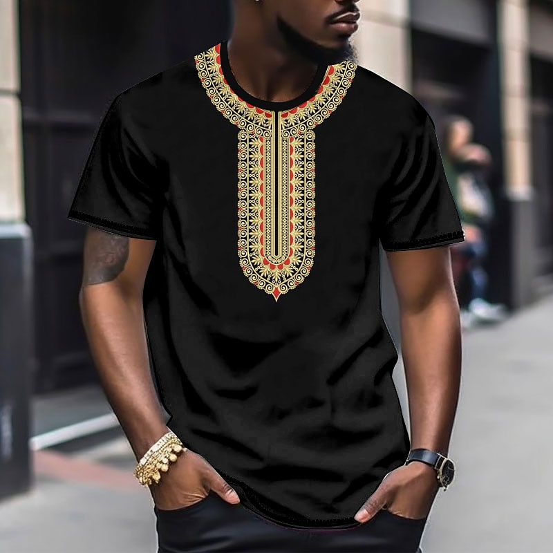 Herren Graphic Farbblock Stammes T Shirt Kurzarm T-Shirt 3D-Druck Rundhalsausschnitt Hemd Modisch Designer Ethnisch Outdoor Täglich Sport Schwarz und Rot Schwarz Weiß Frühling Sommer Bekleidung S M L 2025 - $5.99 -P3