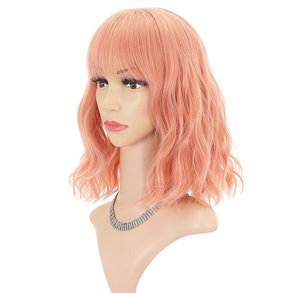 Krátká blond paruka s růžovými pruhy s ofinou ženská blond smíšená růžová bob paruka kudrnatá vlnitá syntetická cosplay paruka po ramena pro dívčí Halloween cosplay party paruky 2025 - $22.99 –P10