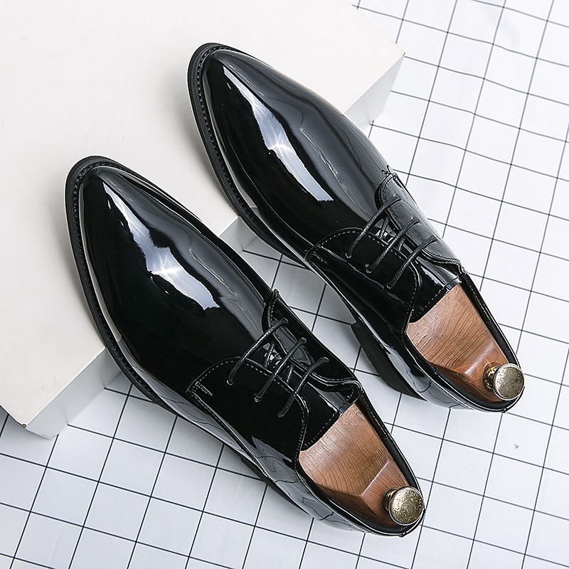 męskie lakierowane skórzane buty wizytowe typu oxford – błyszczące, formalne, sznurowane buty do biznesu, na wesela i wieczorne imprezy 2025 - $54.99 –P17