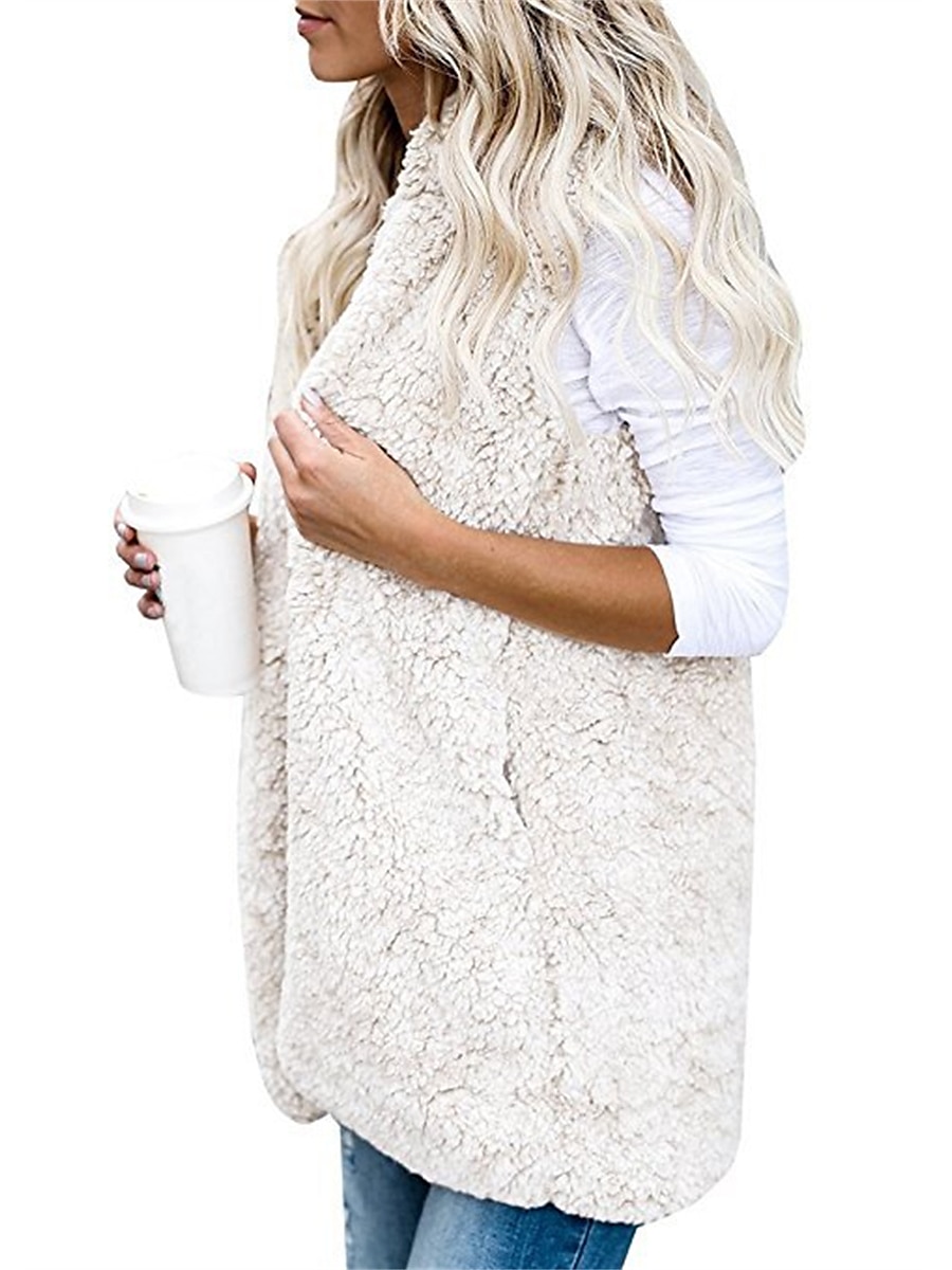 Women's Teddy Vest Warm Cream Teddy Coat with Hood Long  Sherpa Jacket with Pocket Cardigan Hoodie Fashion Daily Casual Plain Outerwear Sleeveless Fall Winter Black White Wine S M L XL XXL 3XL 2023 - US $22.99 –P9