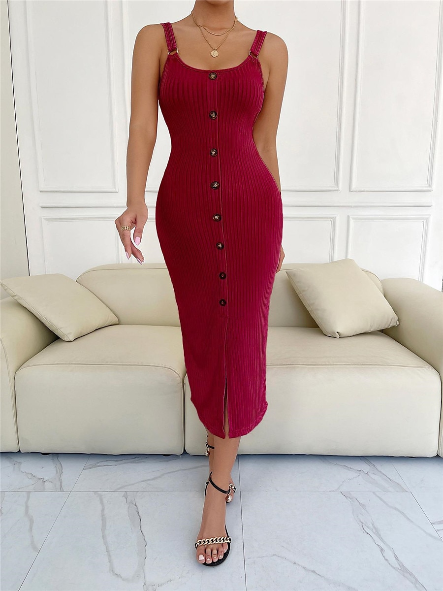 Women's Sweater Dress Winter Dress Jumper Dress Midi Dress Button Split Outdoor Daily Date Fashion Modern Strap Sleeveless 2023 Regular Fit Black Pink Red Color S M L XL XXL Size 2023 - US $29.99 –P19