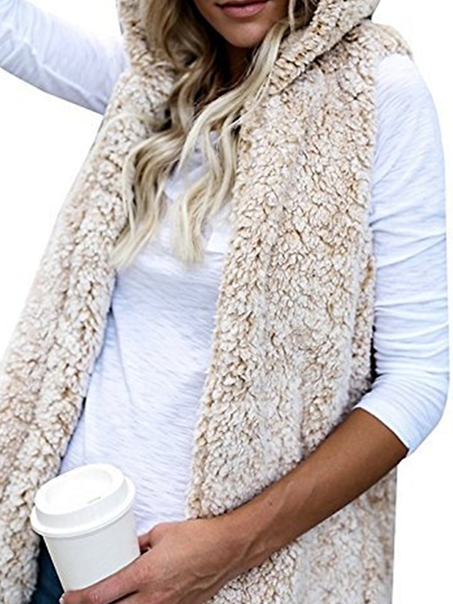 Women's Teddy Vest Warm Cream Teddy Coat with Hood Long  Sherpa Jacket with Pocket Cardigan Hoodie Fashion Daily Casual Plain Outerwear Sleeveless Fall Winter Black White Wine S M L XL XXL 3XL 2023 - US $22.99 –P6