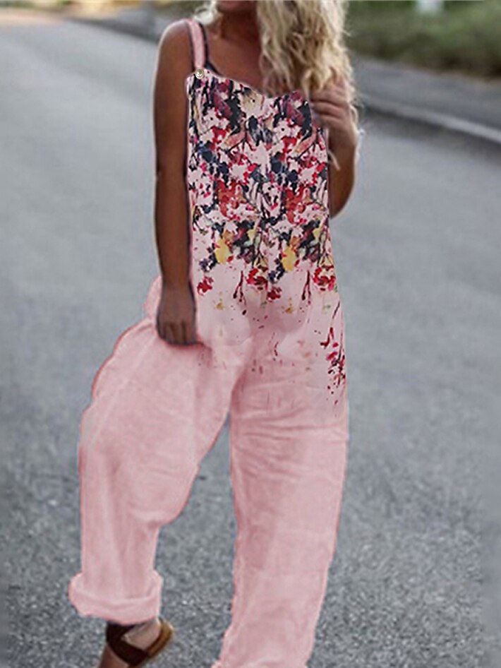 Mulheres Normal Macacão Roupa de rua Floral Sem Manga Perna larga Gola Redonda Imprimir Férias Rua Ajuste Largo Branco Rosa Azul Verão de 2025 por $26.99 -P2