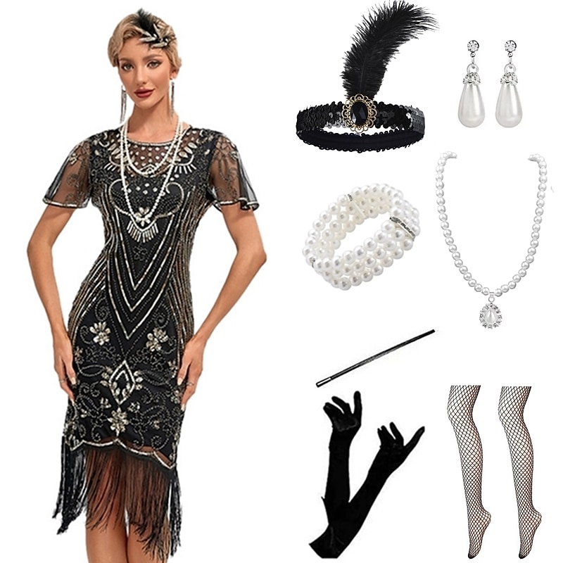 Řvoucí 20s Retro Velký Gatsby Krátká délka Úbory Kostým na Večírek Maškarní Iluze Velký Gatsby Svatební host Flitry Třásně Flitry Třásně Kulatý Maškarní kostým Dámské předvečer Všech svatých Karneval 2025 - $53.99 –P3