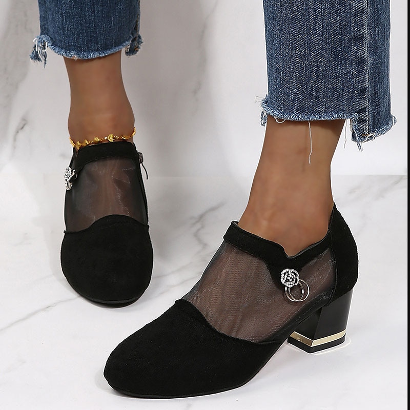 Women's Mesh Panel Chunky Heel Dress Shoes - Elegant Black Formal Pumps with Zipper and Ring Detail 2025 - $29.99 –P5