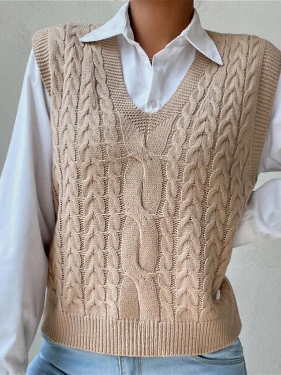 Women's Sweater Vest V Neck Cable Knit Acrylic Oversized Summer Fall Daily Going out Weekend Stylish Casual Soft Sleeveless Solid Color Black Khaki S M L 2023 - US $29.99 –P3